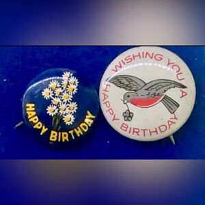 Vintage Happy Birthday Bird & Daisy Pin Set — Blue and White